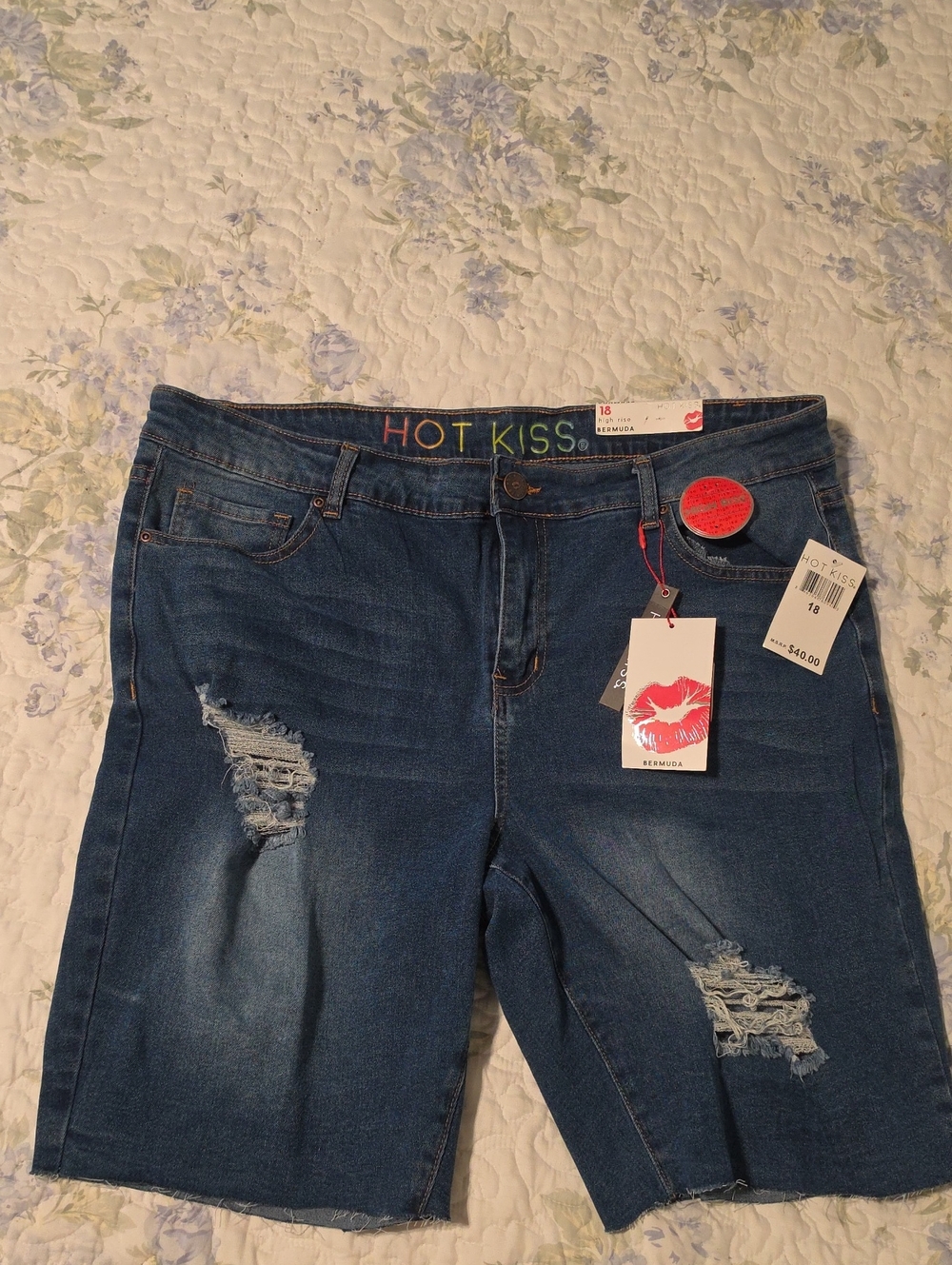 Hot Kiss Dark Blue Distressed Bermuda Denim Shorts